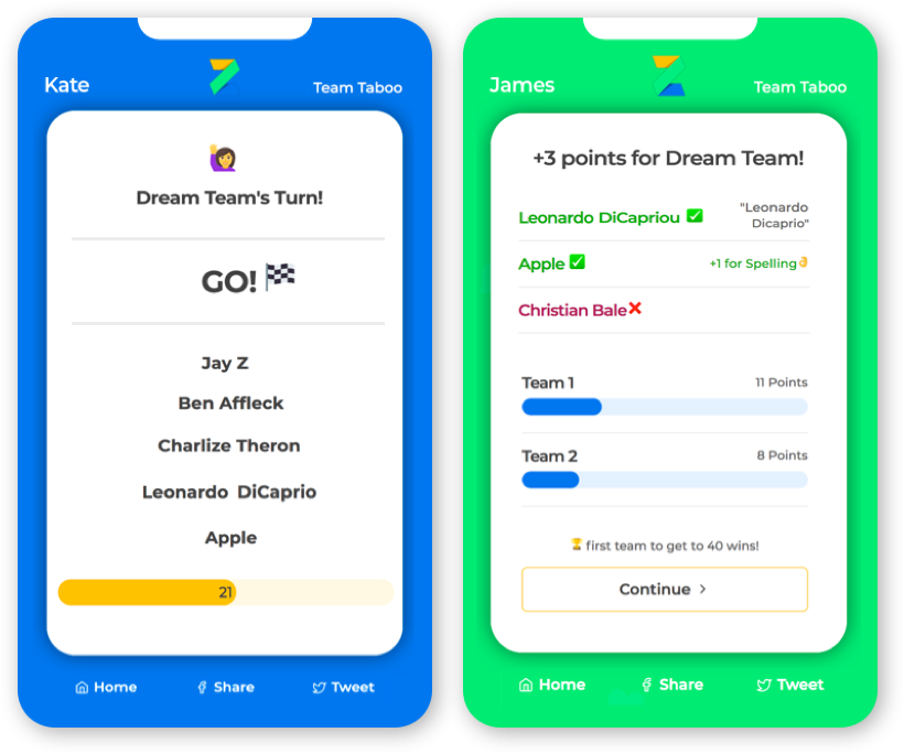 Screenshots of Team Taboo game